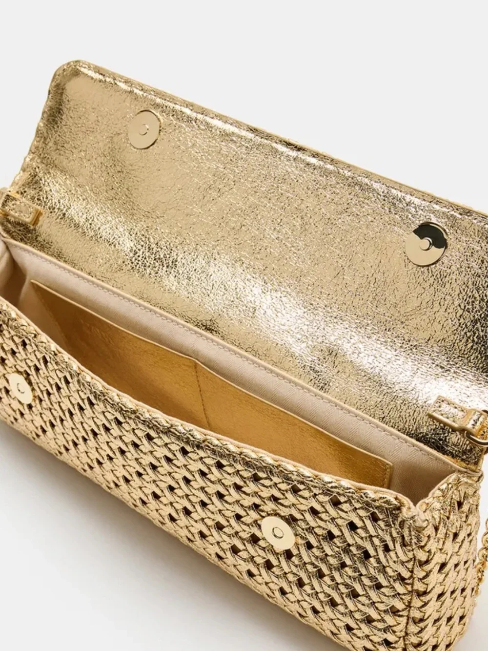 New Zara Gold Woven Envelope Bag with Gold Chain Crossbody Strap and Top Handle